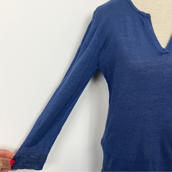 ALBERTOBINI Blue Linen Long Sleeve V Neck Top (165) - Picture 3 of 8